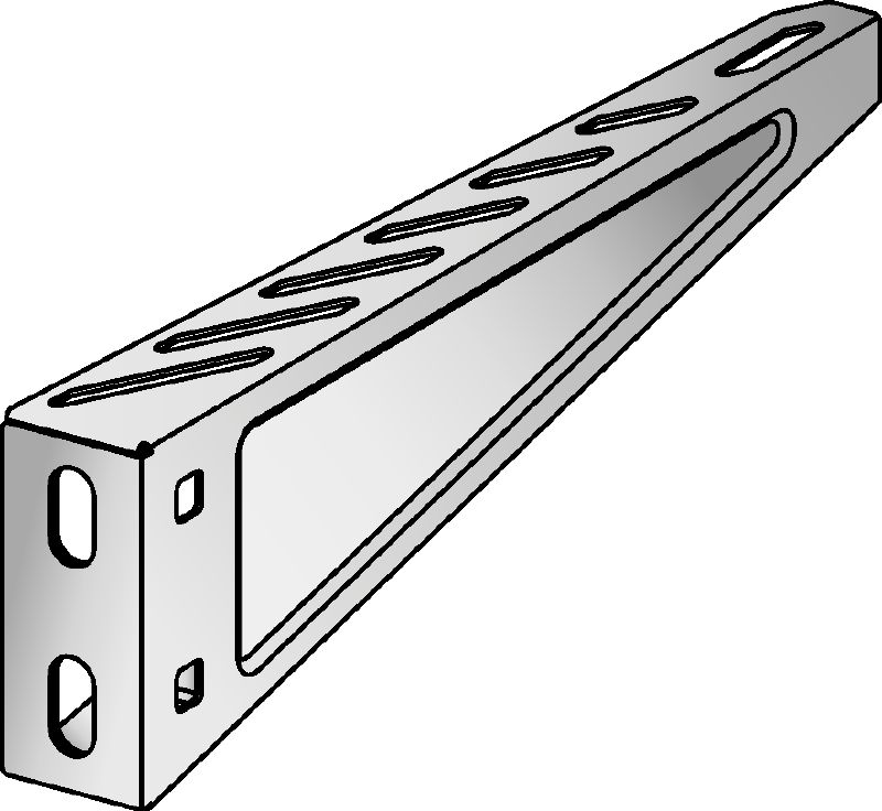 MC-BE OC-A Hot-dip galvanised (HDG) bracket for supporting light electrical cable trays (<600 mm wide) from MC installation channels outdoors