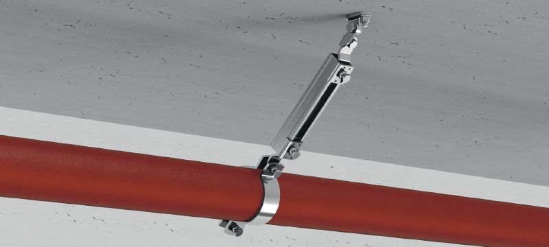 MQS-SP-T Galvanised pre-assembled strut channel connector with FM approval for transversal seismic bracing of fire sprinkler pipes Applications 1